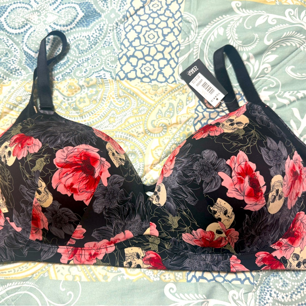 Torrid Black and Red Floral Skull Bra